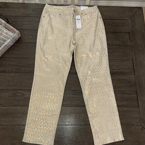Chicos beige platinum denim ankle pants with metallic gold lattice design - Picture 10 of 16